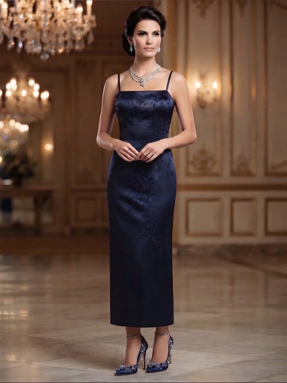 CDC Navy  strapped Maxi Dress with Lace Bodice